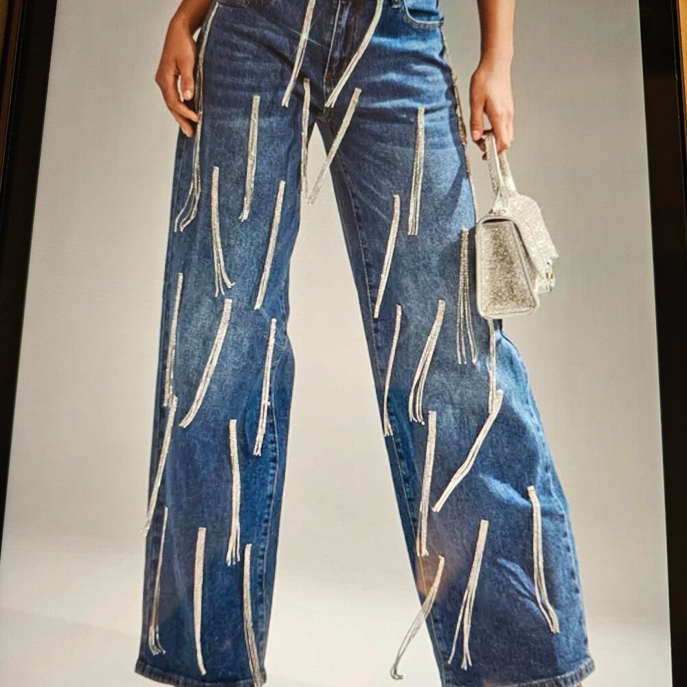 Rhinestone Tassel Denim Pants